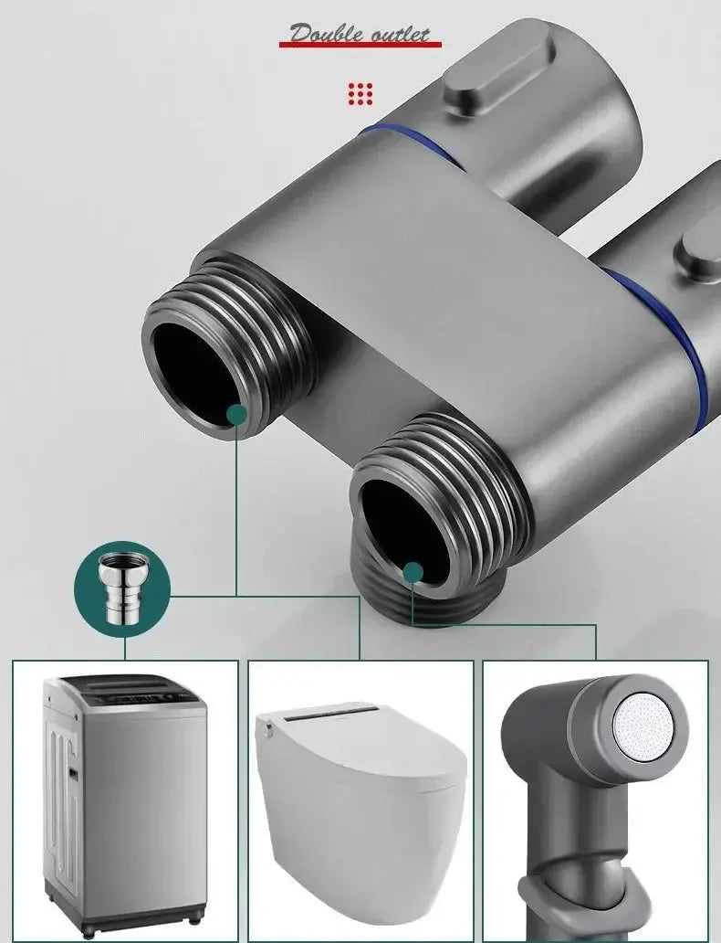 Toilet bidet sprayer set with stainless steel dual-outlet valve; 4-piece set includes valve, toilet, washer, sprayer.