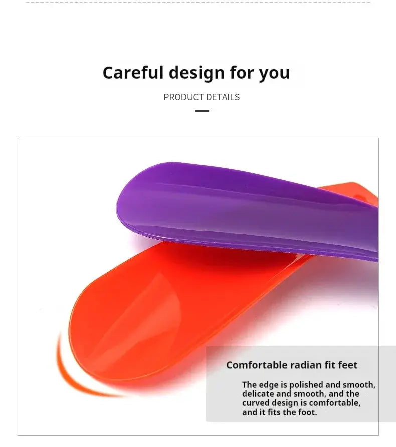 Shoe horns, two plastic short-handle, 16 cm, purple and orange.