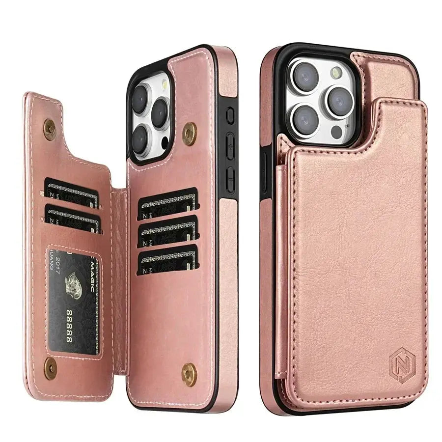 Simples Market rose-gold leather wallet case with RFID blocking for iPhone, 6 card slots, magnetic closure.