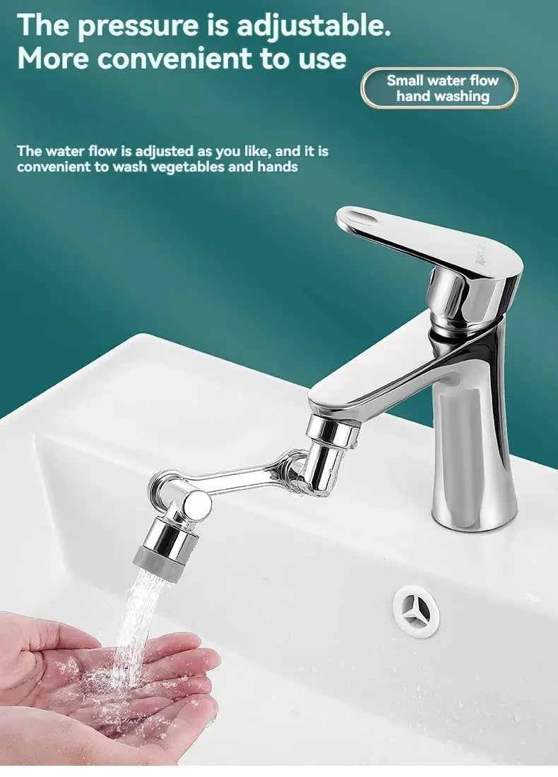 Chrome universal rotation extender faucet aerator with plastic splash filter on robotic-arm extension for kitchen sink