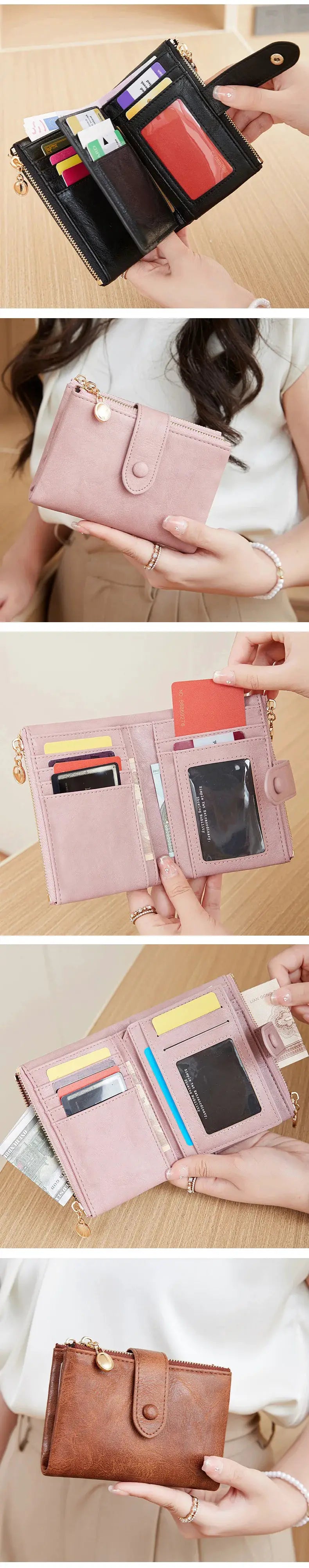 Minimalist women's wallet by Simples Market in black, pink and brown with three-layer large-capacity and double zipper