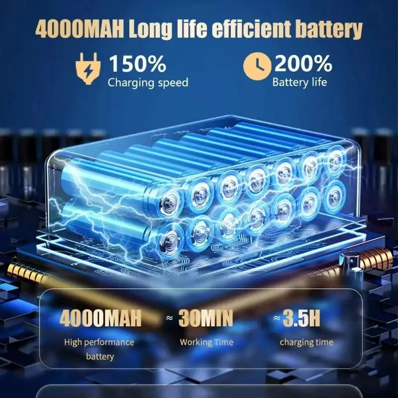 Simples Market CENRR 98000PA car vacuum cleaner; portable wireless handheld with 4000mAh battery, ~30 min runtime.
