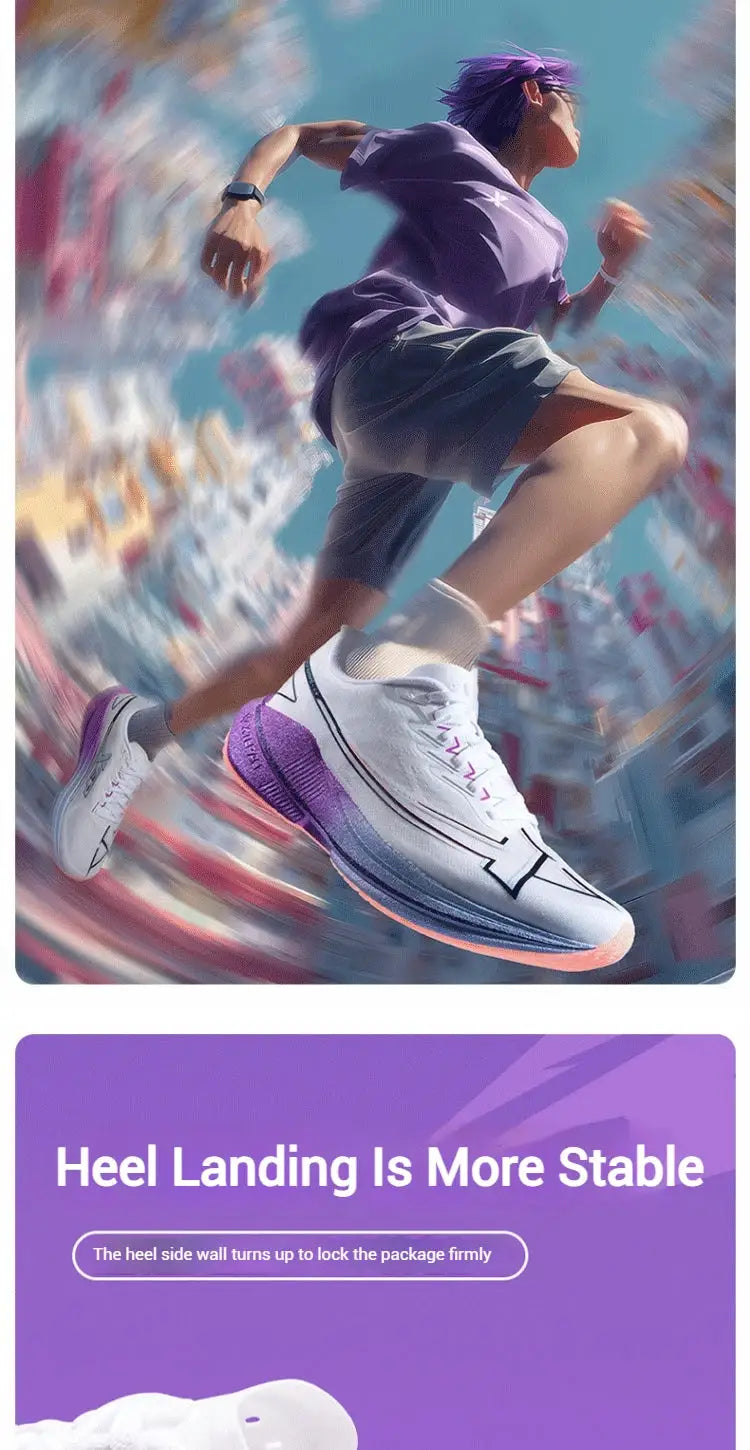 Pair of Xtep Shyft 1.0 men's running shoes, white with purple heel, carbon-plate racing footwear
