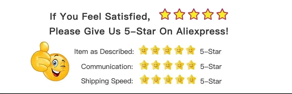 Aliexpress feedback banner with thumbs-up emoji and 5-Star ratings for Item as Described, Communication, and Shipping