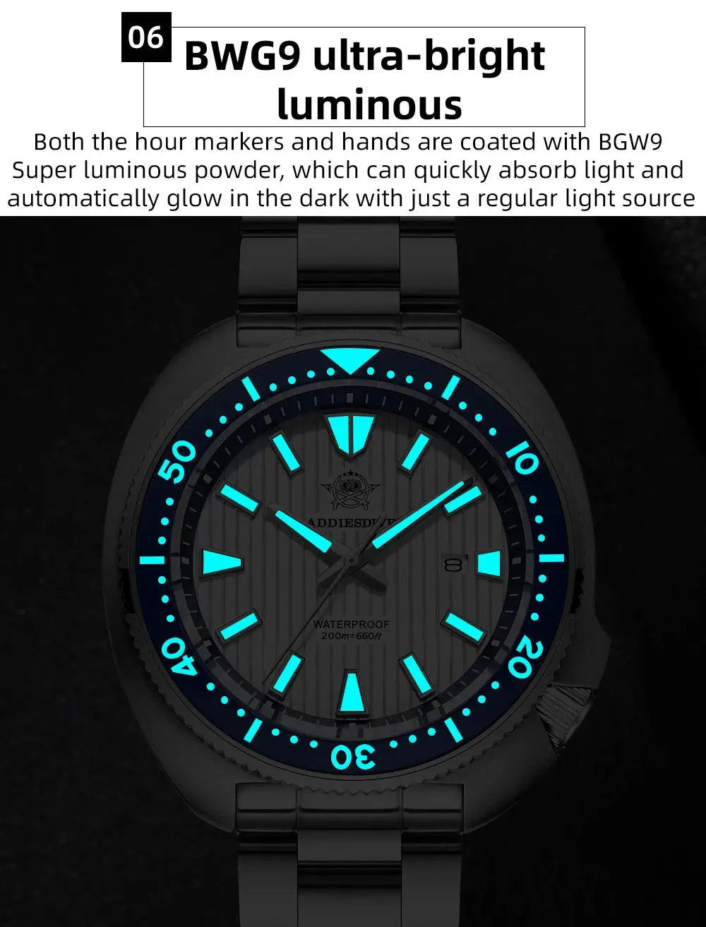 ADDIESDIVE Men's New Outdoor Quartz Watch 200M Diving BGW9 Super Blue Luminous Watch Sapphire Glass Men's Stainless Steel Watch