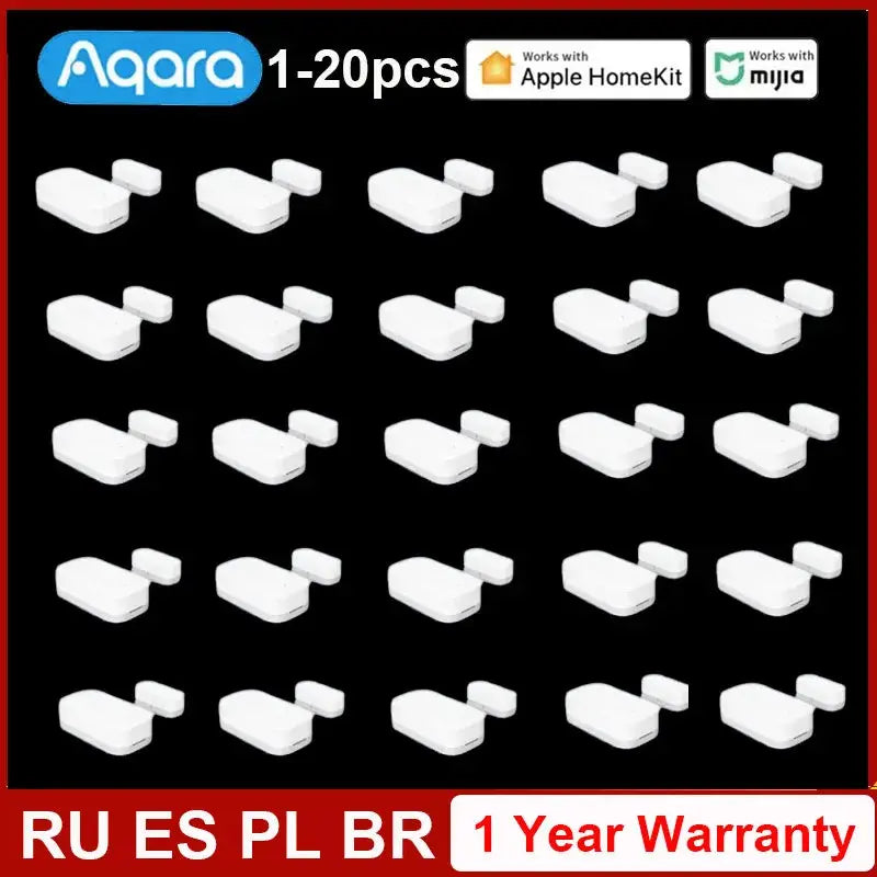 Aqara window/door sensor pack, white rectangular sensors, 1–20 pieces, works with Apple HomeKit.