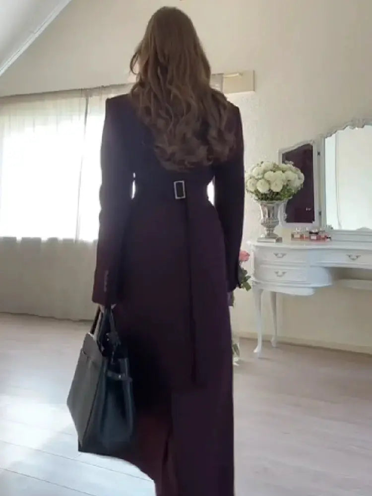 UrbanEdge Belted Long Coat With Slim V Neck And Shoulder Pads For Winter Comfort And Flattering Silhouette