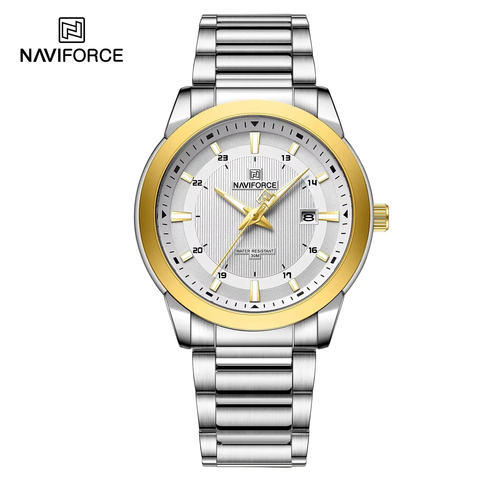 NAVIFORCE men's stainless steel wristwatch with gold bezel, silver dial, date window, 30m water resistant