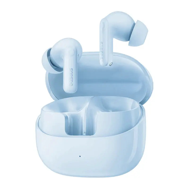 Baseus BP1 Pro wireless earbuds pair in light blue with charging case.