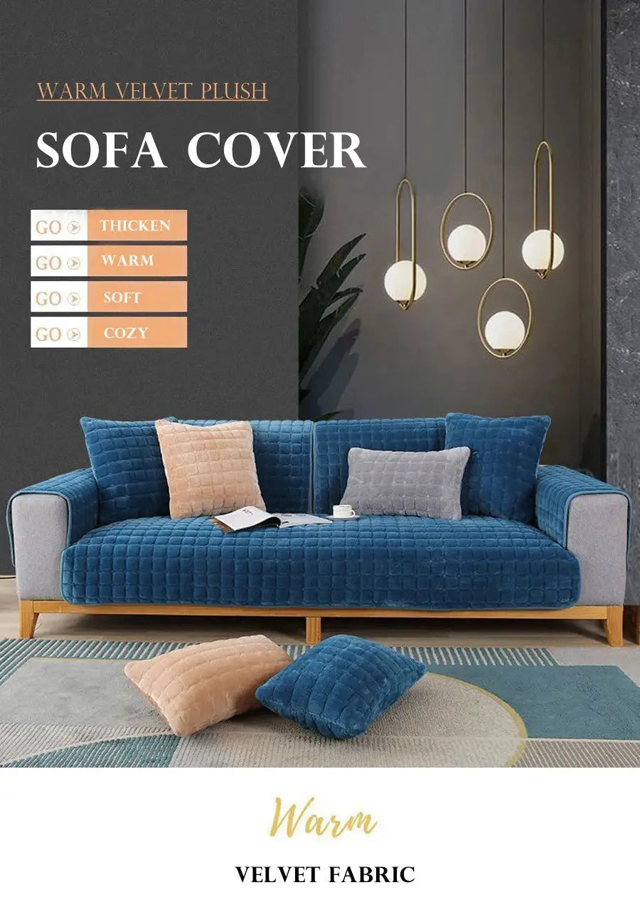 Blue velvet plush sofa cover by Simples Market; quilted, non-slip thickened fabric for living room sofa.