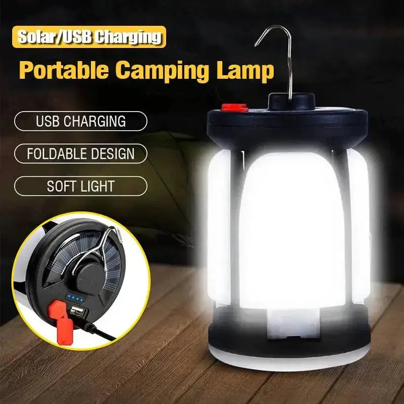 Rechargeable LED Camping Lantern With Folding Floodlight Portable Tent Light 3 Light Modes USB And Solar Charging