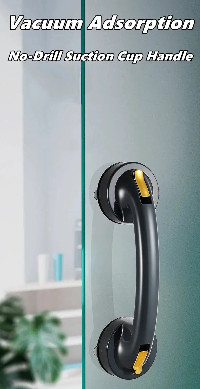 Suction grab bar for showers on glass doors, black with yellow accents.