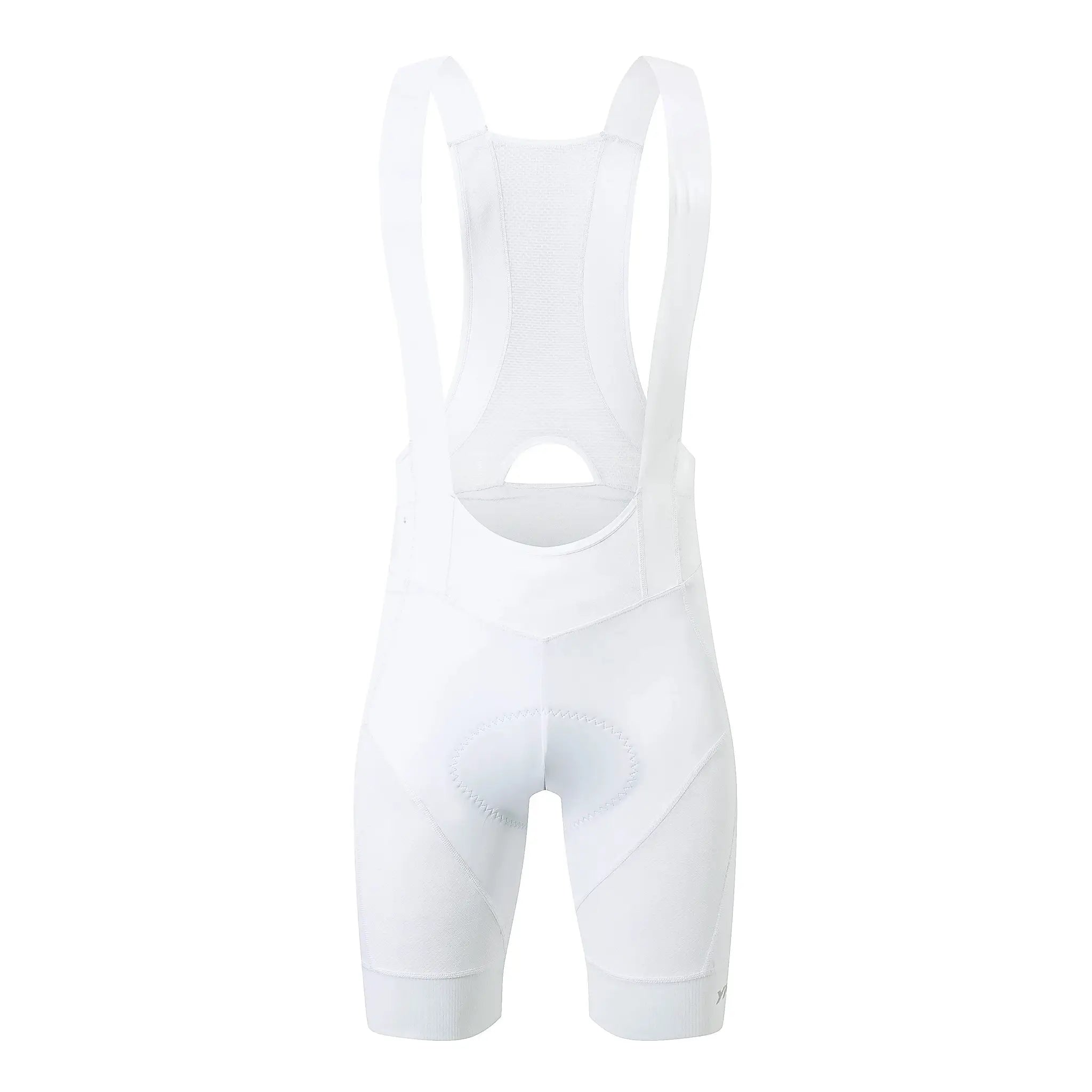 White cycling bib shorts with padded insert and mesh back panel