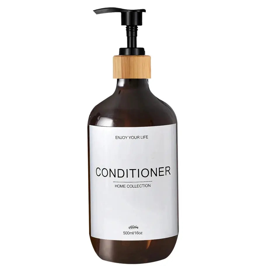 Conditioner dispenser bottle with pump, brown glass, black pump, wooden collar, 500ml, Simples Market