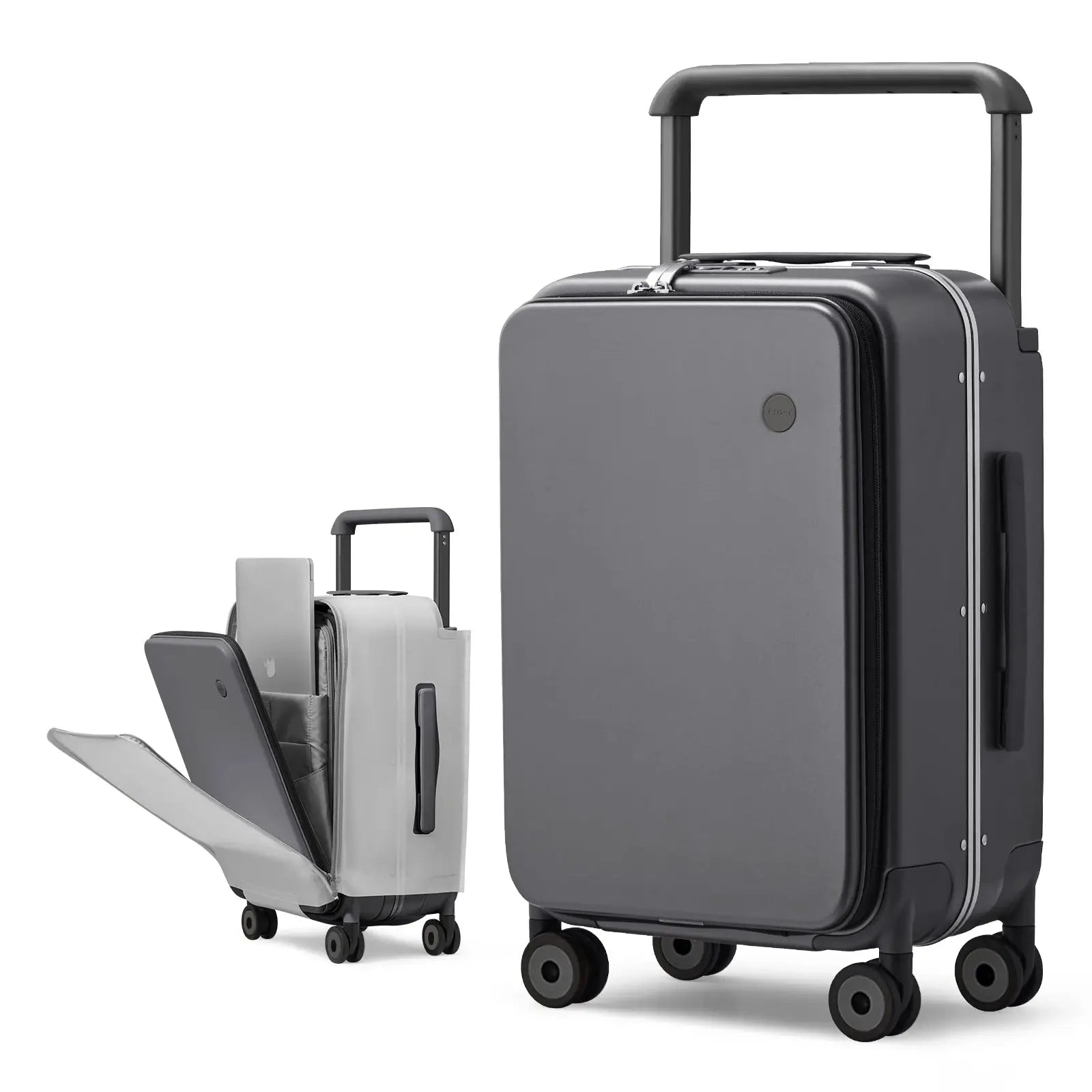 Carry-on suitcase set: large gray 20-inch PC aluminum-frame suitcase with wide handle, plus a small white carry-on.