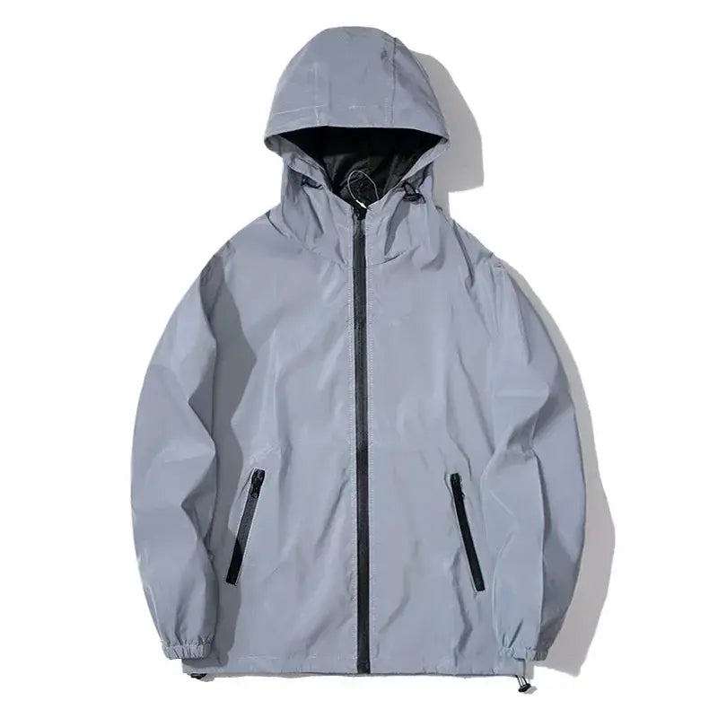 Hooded light-gray polyester jacket with black zipper and zip pockets