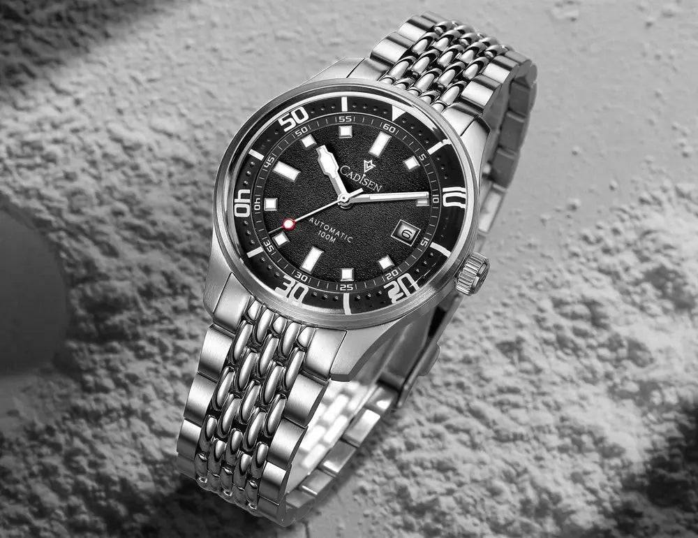 CADISEN stainless steel automatic men's watch with black dial, domed glass, 100m water resistance, Miyota 8215 movement