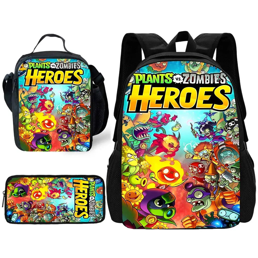 Plants vs Zombies Heroes three-piece school bag set: colorful backpack, lunch bag, and pencil case