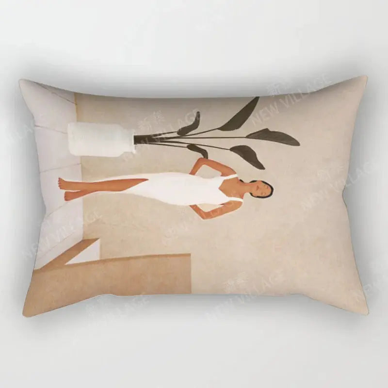 Simples Market Nordic fall throw pillow cover, beige abstract art with a woman in a white dress, 30x50 cm