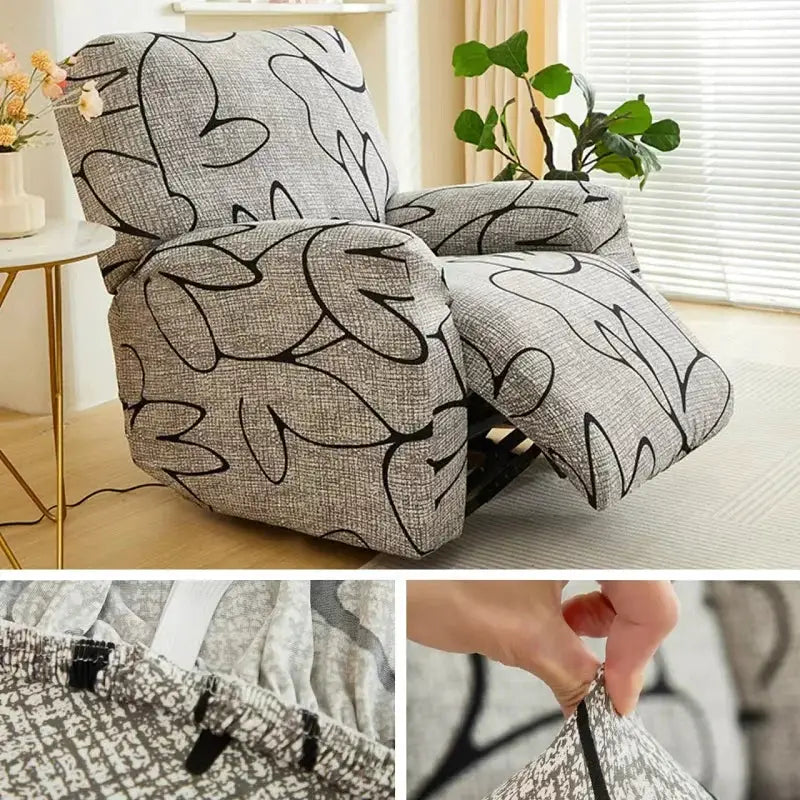 Elastic recliner sofa cover by Simples Market in gray with black abstract pattern.