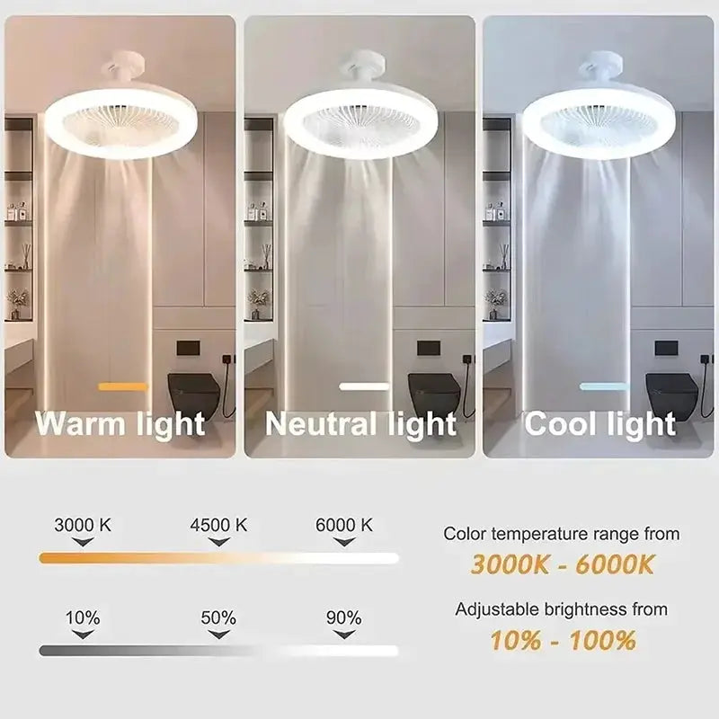 2-in-1 ceiling fan lamp with LED ring; adjustable 3000–6000K color temperature and dimmable brightness
