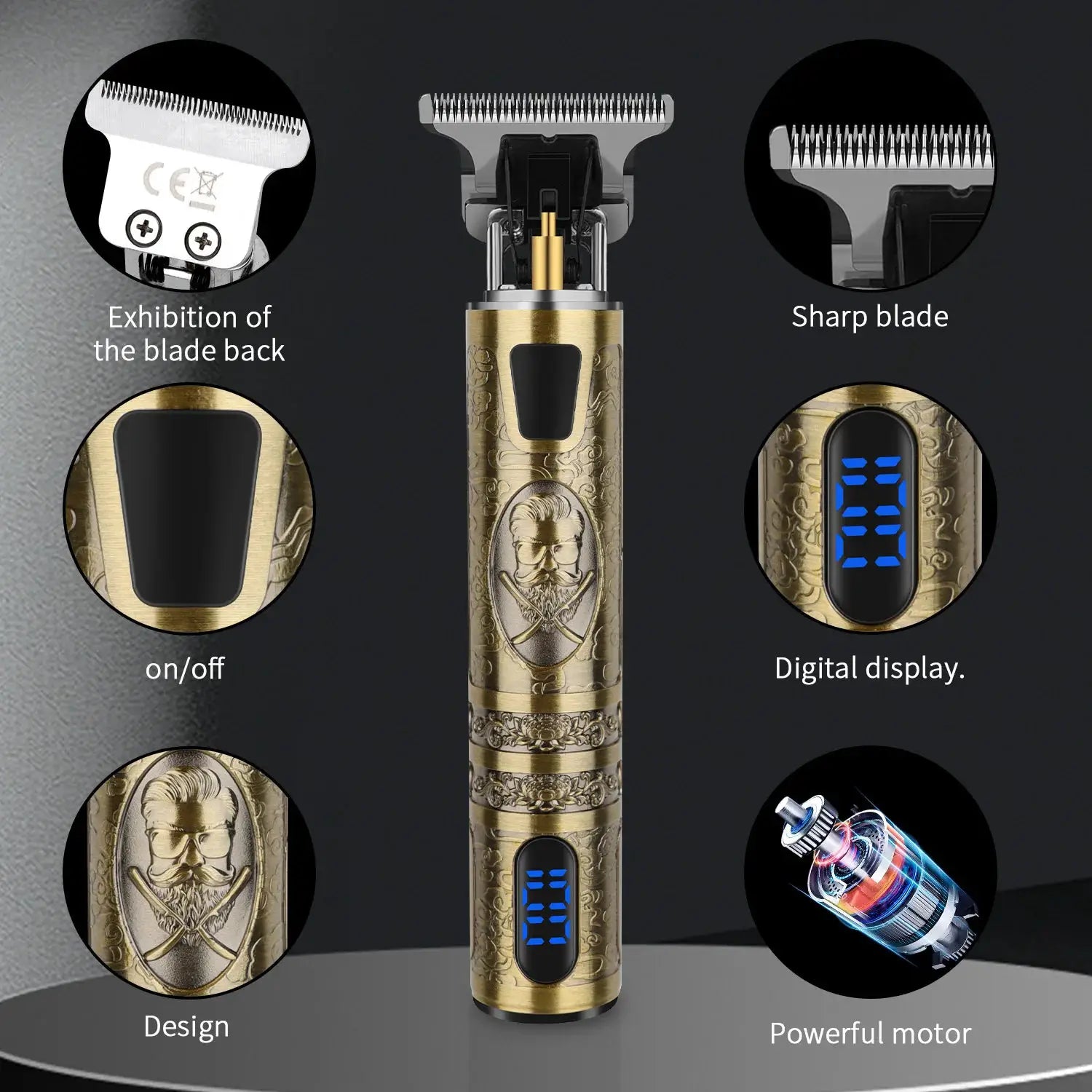 HIENA cordless hair clipper and trimmer by Simples Market with a gold engraved body and digital display