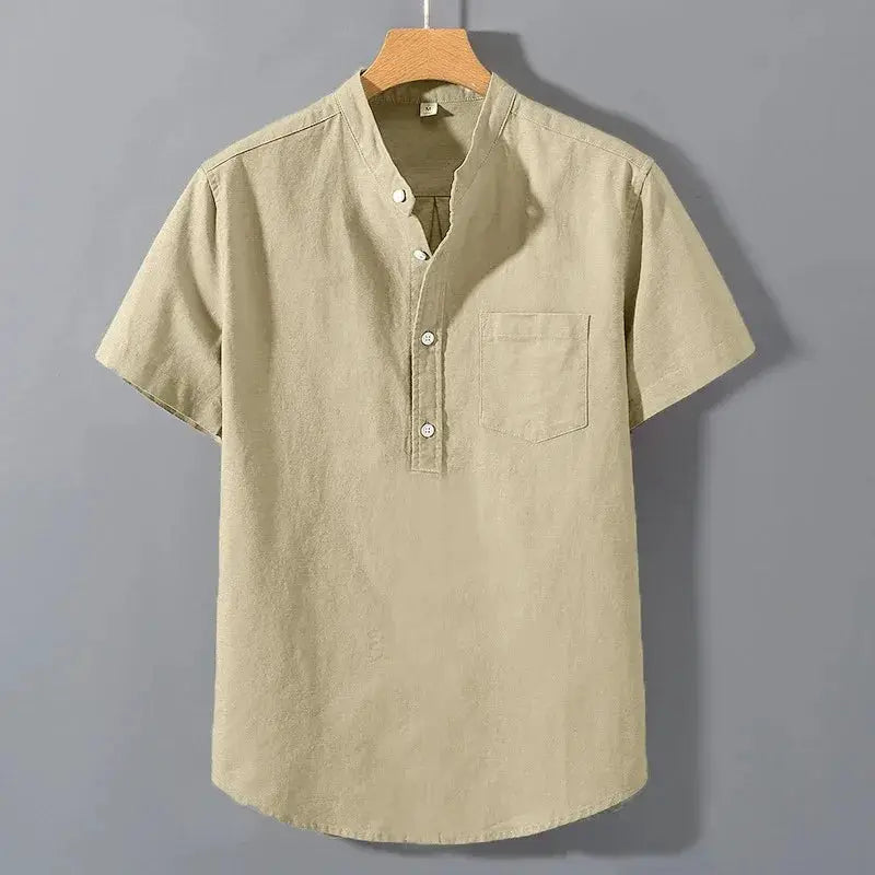 Mens Short Sleeve T Shirt Solid Color Stand Up Collar Breathable Cotton Top With Pocket For Summer Trendy