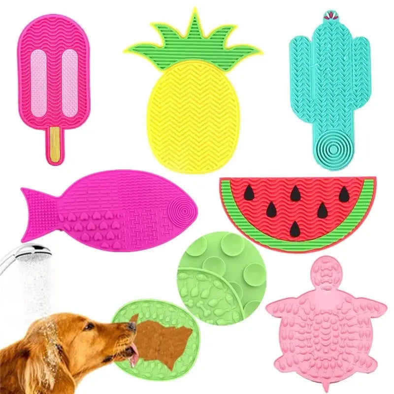 Set of 8 colorful silicone pet slow-feeder shapes for dogs and cats