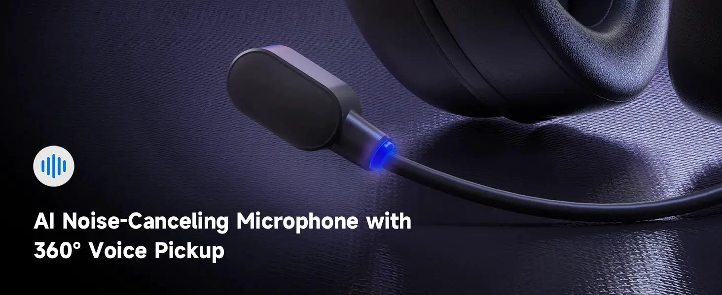 MCHOSE V9 Pro wireless gaming headset with AI noise-canceling microphone and blue LED boom mic.