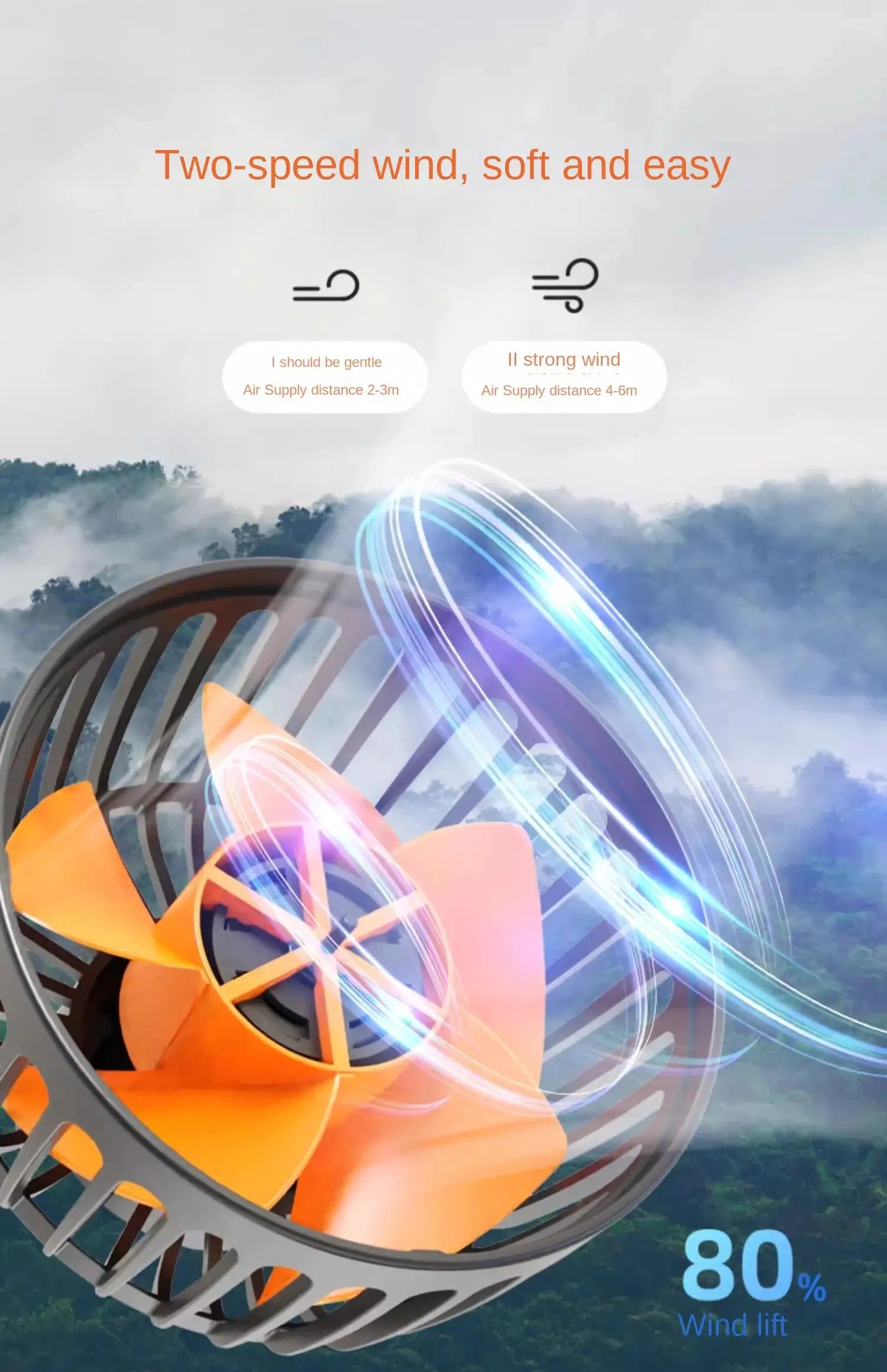 Car fan 3-head 360° adjustable by Simples Market, orange blades in gray cage, USB/12V/24V