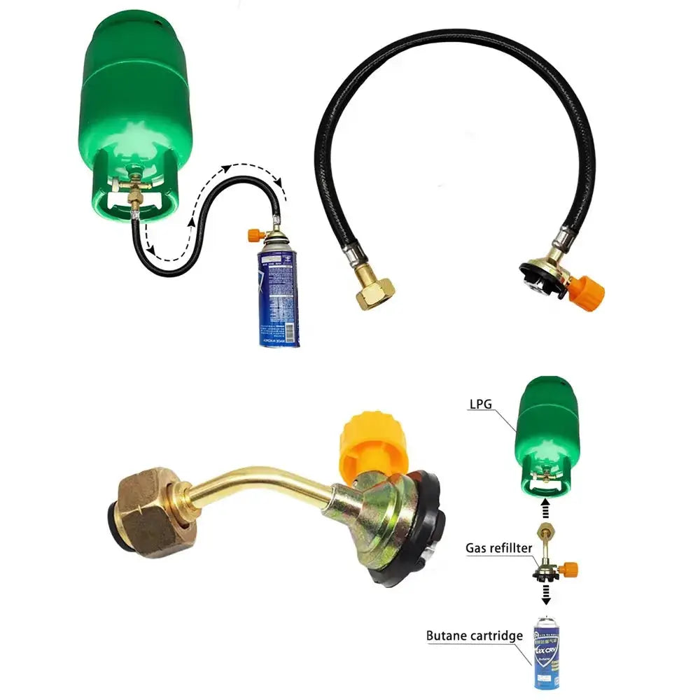 Simples Market 3-piece gas refill adapter kit with green LPG cylinder, braided hose, and brass regulator