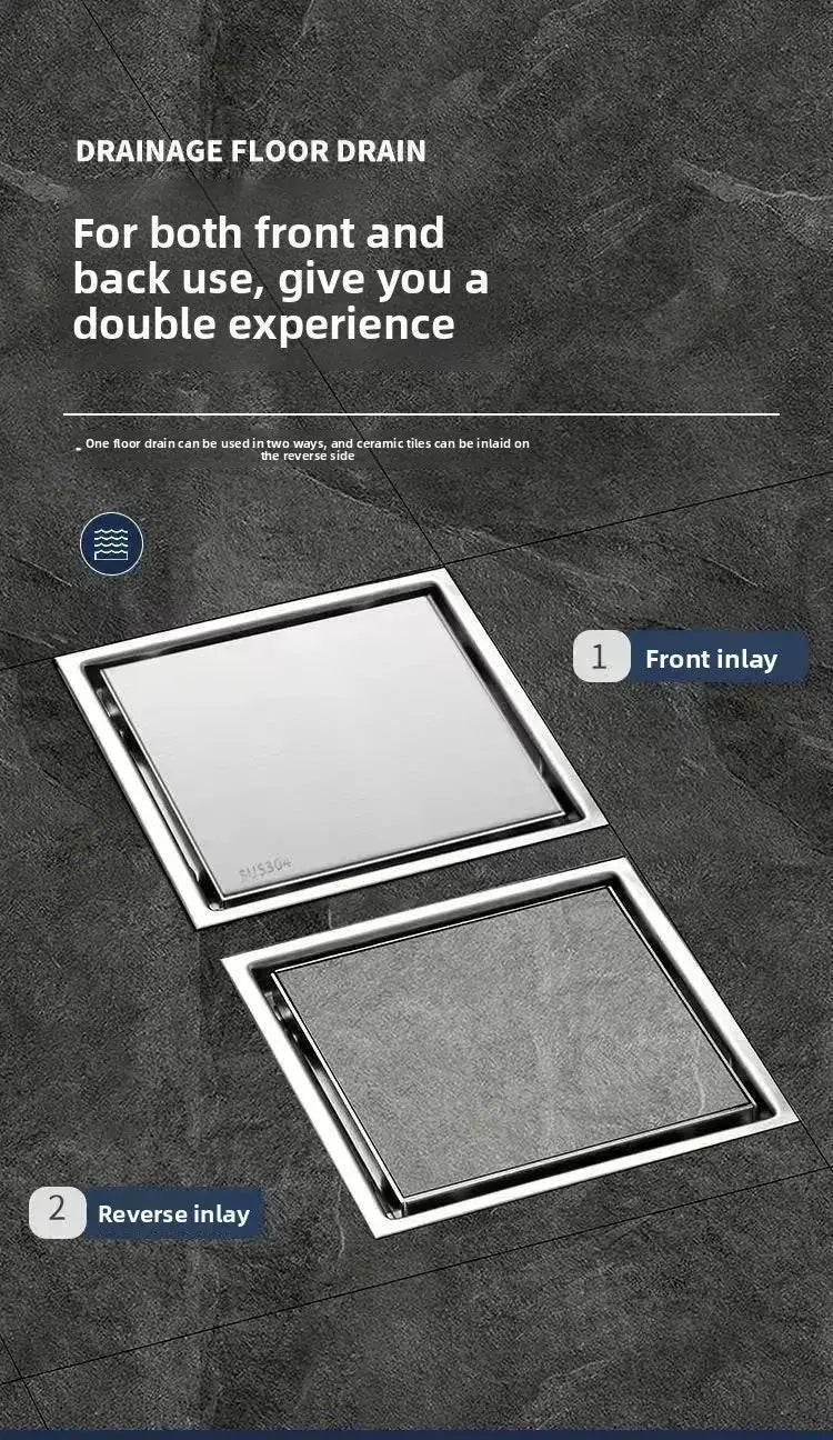 Square stainless steel floor drain with dual inlays for front and reverse use, anti-odor bathroom drainage.