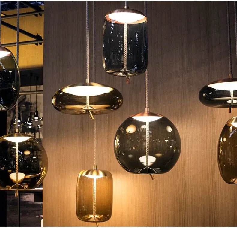 Minimalist pendant lamp set: assorted blue, amber and smoky glass pendants with hemp rope cords (6 pcs)