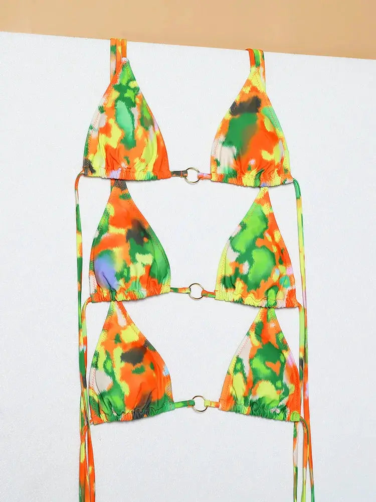 Neon tie-dye triangle bikini set with metal ring accents and string ties