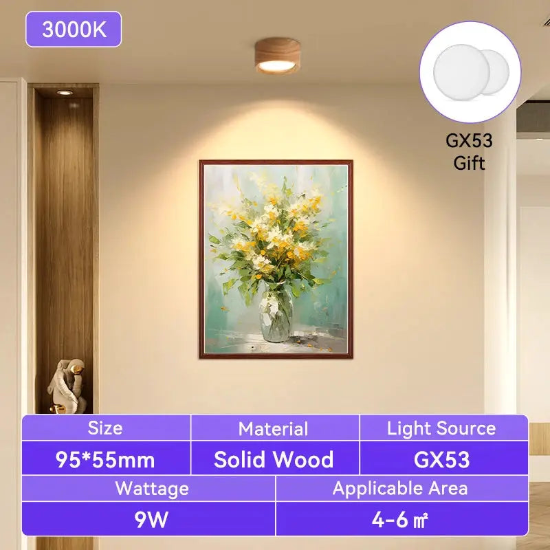 Wooden GX53 ceiling downlight, warm 3000K LED, 9W, solid wood; indoor living room/corridor lamp 95x55mm