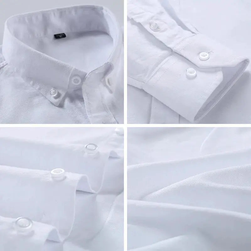 White cotton Oxford men's shirt with long sleeves, buttoned cuffs and collar.