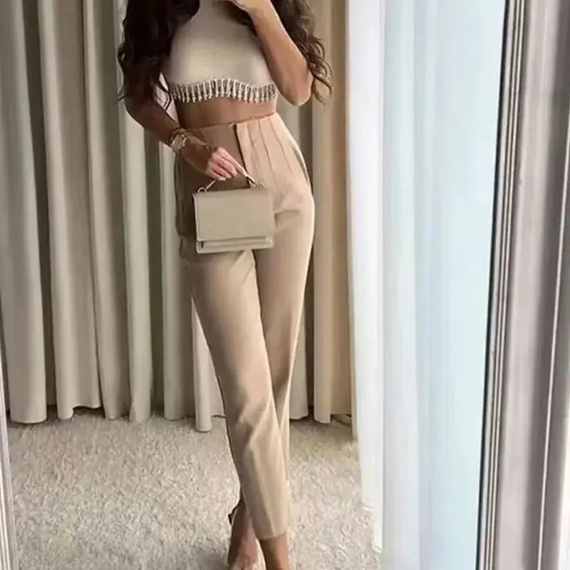 HXAO Ladies High Waist Formal Office Pants Pencil Trousers For Women Black Pink White