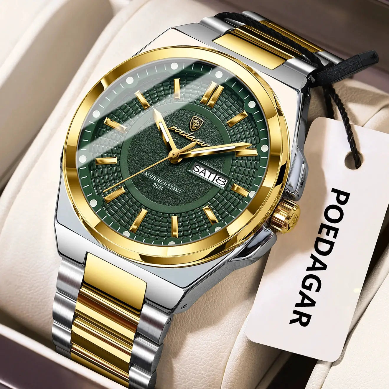 POEDAGAR men's wristwatch with green dial, gold bezel, two-tone stainless steel band, date display