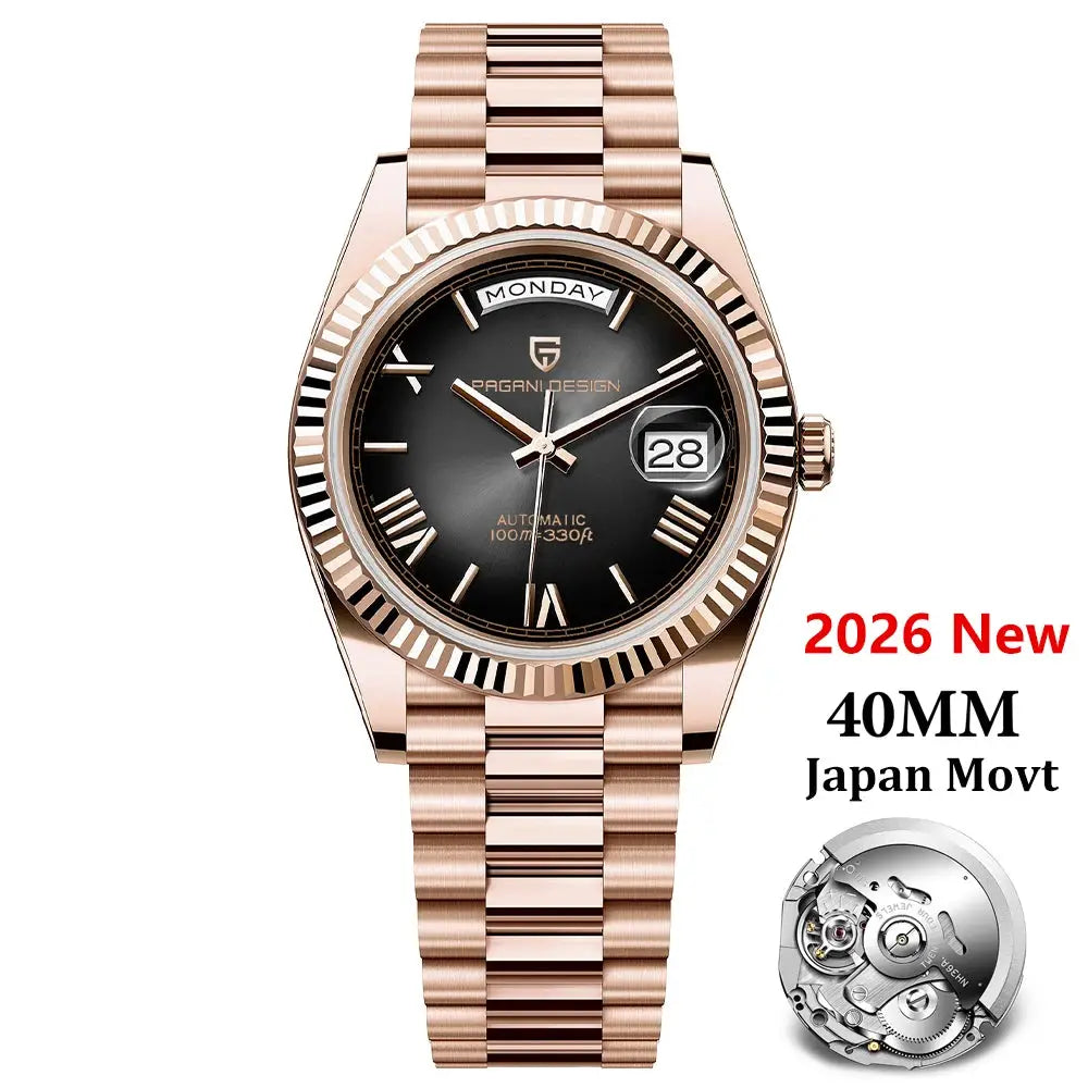PAGANI DESIGN DD40 men's watch; 40mm rose-gold stainless steel bracelet, black dial with day/date window, automatic