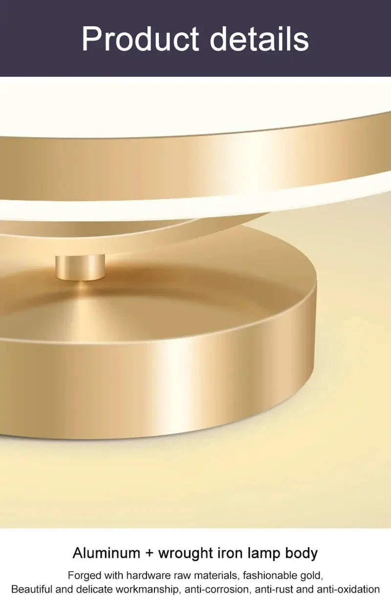Modern LED ceiling lamp by Simples Market; gold aluminum body with curved rings for bedroom or living areas