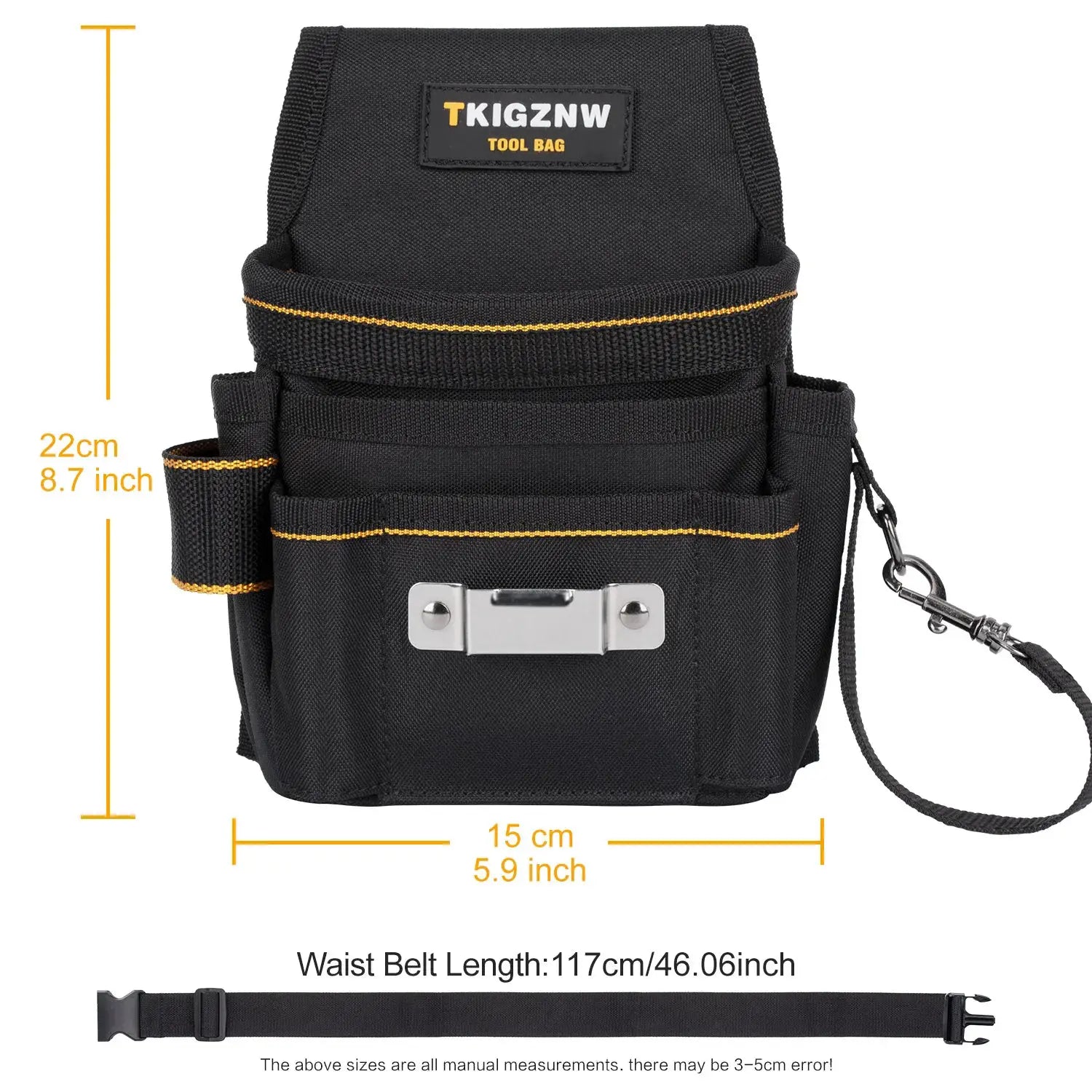 TKIGZNW tool belt pouch in black canvas with yellow stitching and metal buckle