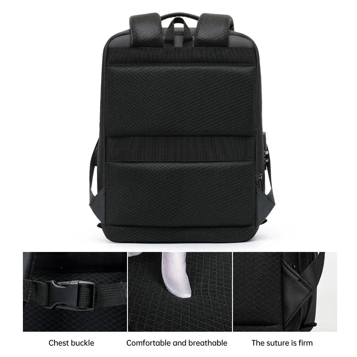 Backpack men's expandable computer bag, black textured hard-shell design with large capacity