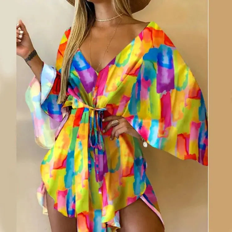 Women Boho Floral Print V Neck Bat Sleeve Ruffle Sundress Beach
