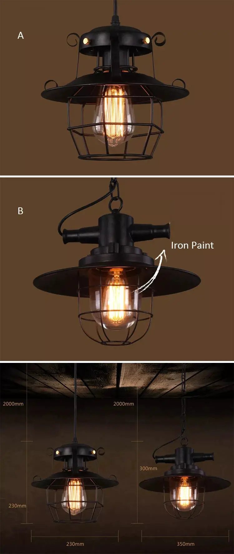 Industrial Restaurant Chandelier pendant light by Simples Market; black iron cage with Edison bulb, 2 hanging lamps.