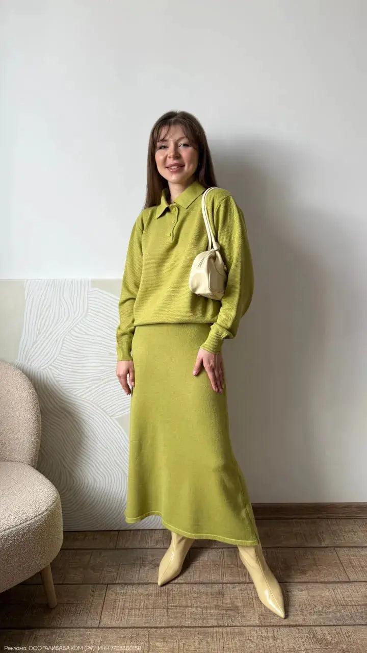 Hirsionsan Winter Women Knitted Set Polo Neck Sweater Wide Leg Pants