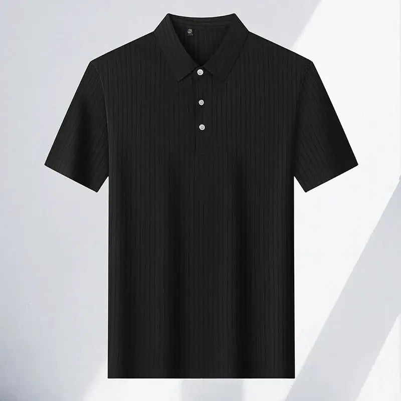 Men's black pinstripe polo shirt with short sleeves and collar
