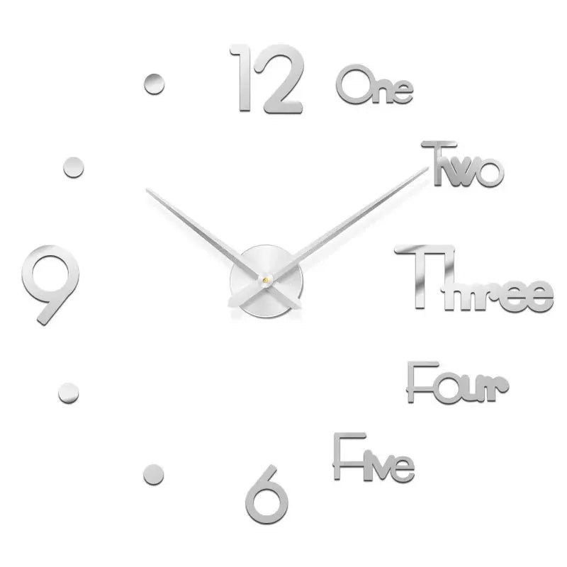 Large silver acrylic mirror wall clock with 3D word-style numbers and DIY quartz movement