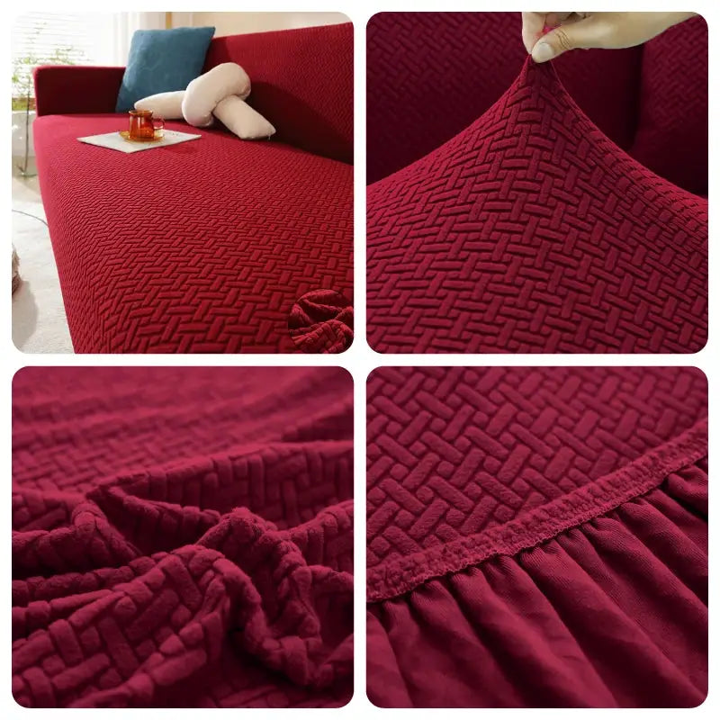 Jacquard sofa cover in red with elastic edges and basketweave texture for L-shaped living room sofas