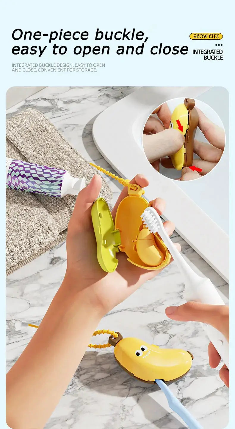 Banana-shaped toothbrush protective cap with toothpaste storage box; yellow travel case with attached lanyard by Simples Market.