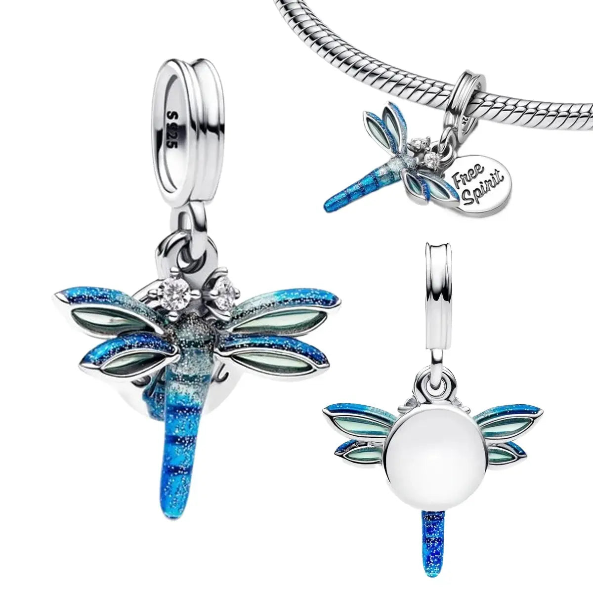 925 Silver Relief Carved Palm Leaf Heart Charm Set With Blue Dragonfly Butterfly Hummingbird Enamel Dangles For Bracelet